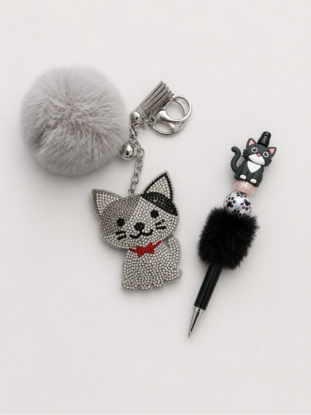Gray Cat Pom-Pom Keychain and Cat Pen Set